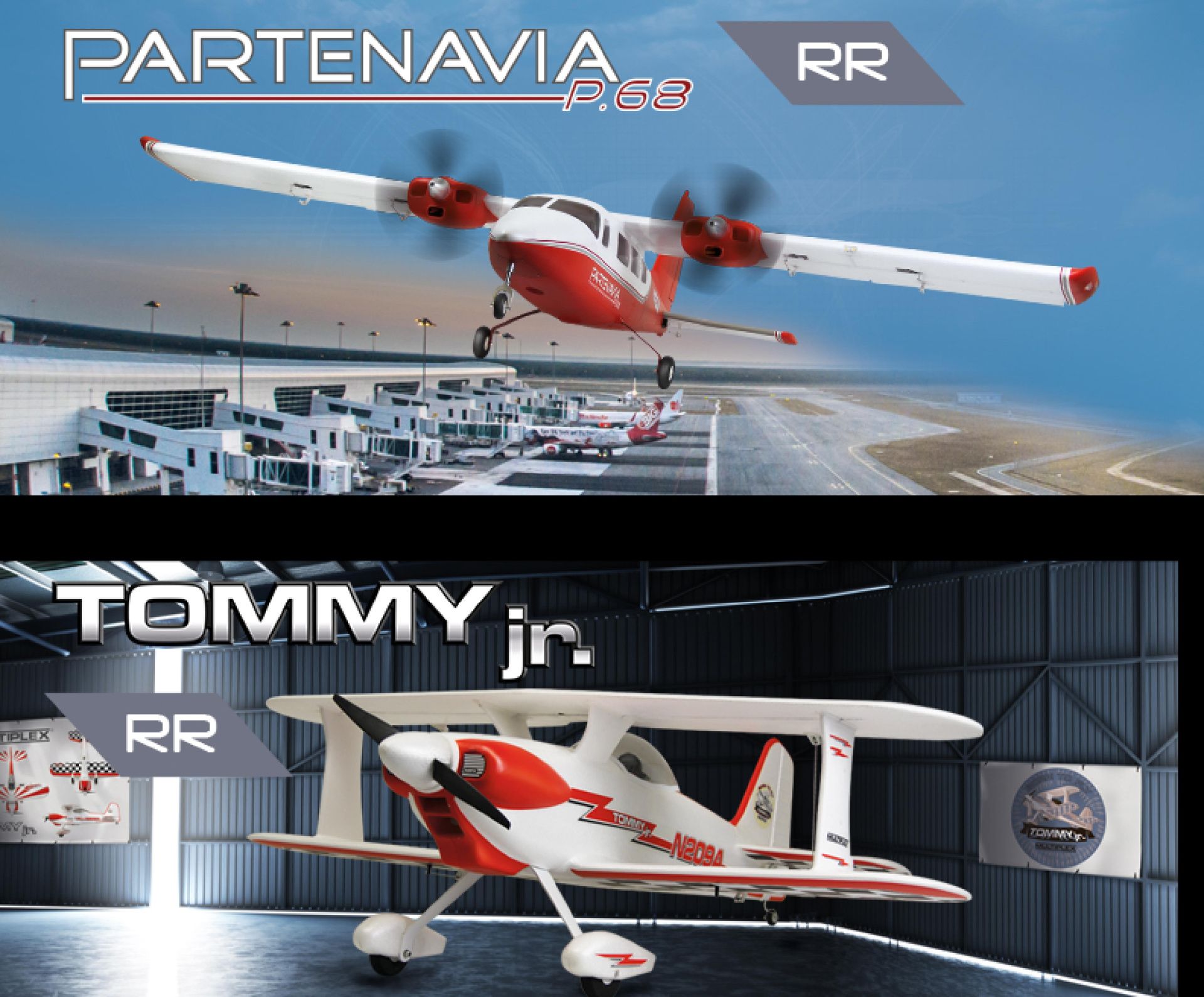Modellflugzeug Partenavia P.68 in rot weiß startet am Flugplatz und Modellflieger Tommy jr. steht auf dem Stellplatz in einer Halle.