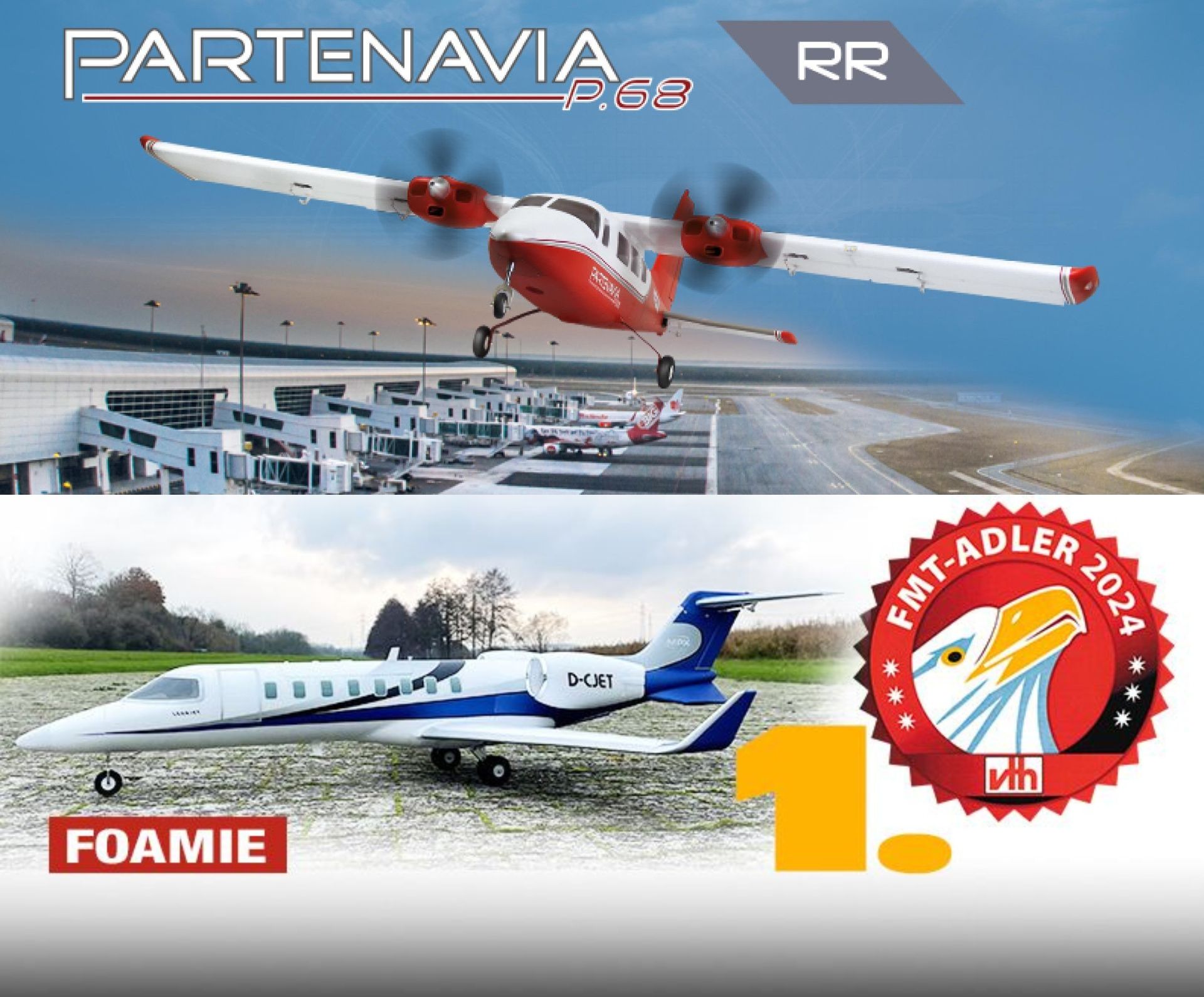 Modellflugzeug Partenavia P.68 in rot weiß startet am Flugplatz und Modellflieger Tommy jr. steht auf dem Stellplatz in einer Halle.